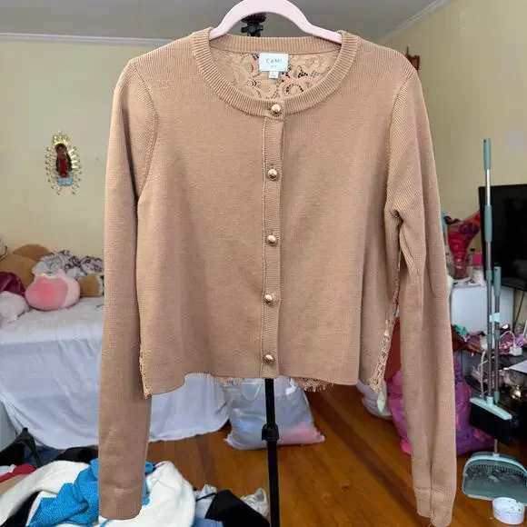 Cami NYC Aurla Wool Crop Cardigan Caramel Brown Size Large Feminine Lace Floral - Picture 13 of 14